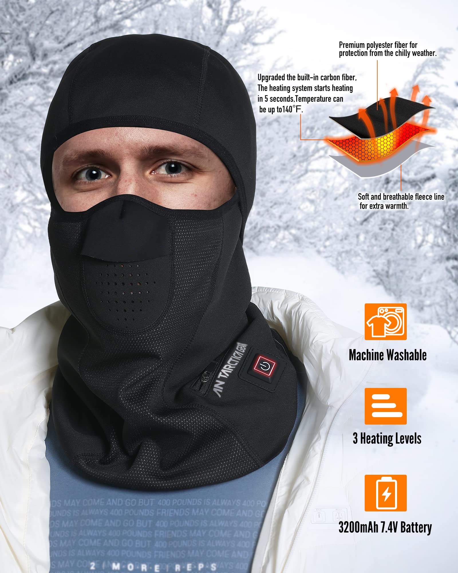 ANTARCTICA GEAR Heated Balaclava Face Ski Mask Windproof Warm Heating Hat for Motorcycle Riding Women Men Black