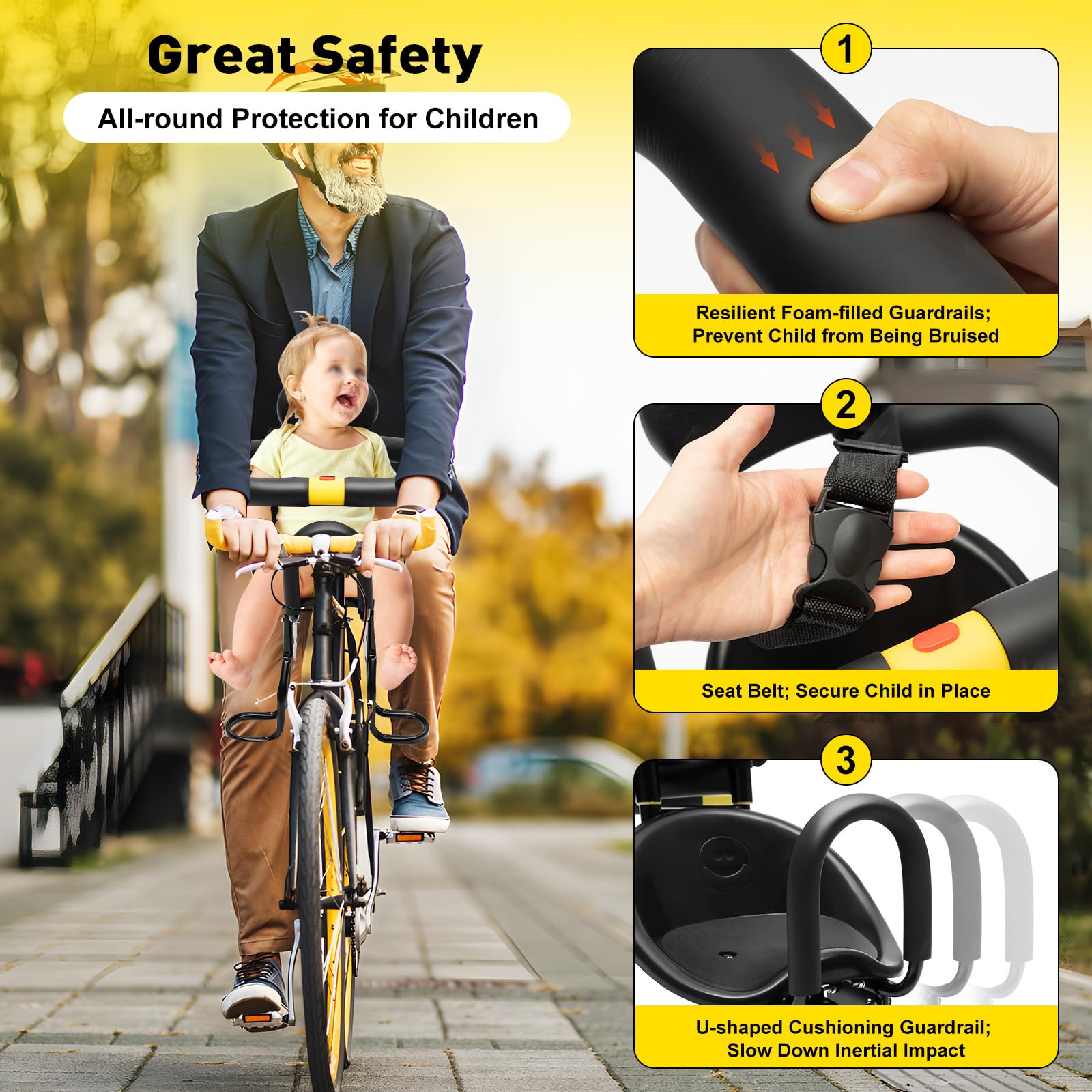 Child Seat, Front Mounted Bicycle Seats for Children with Handrail/Foot Pedal, Kids Front Bike Seat Foldable Portable Bike Carrier for Electric Car, Mountain Bike, Bicycle, Adult Folding Bike