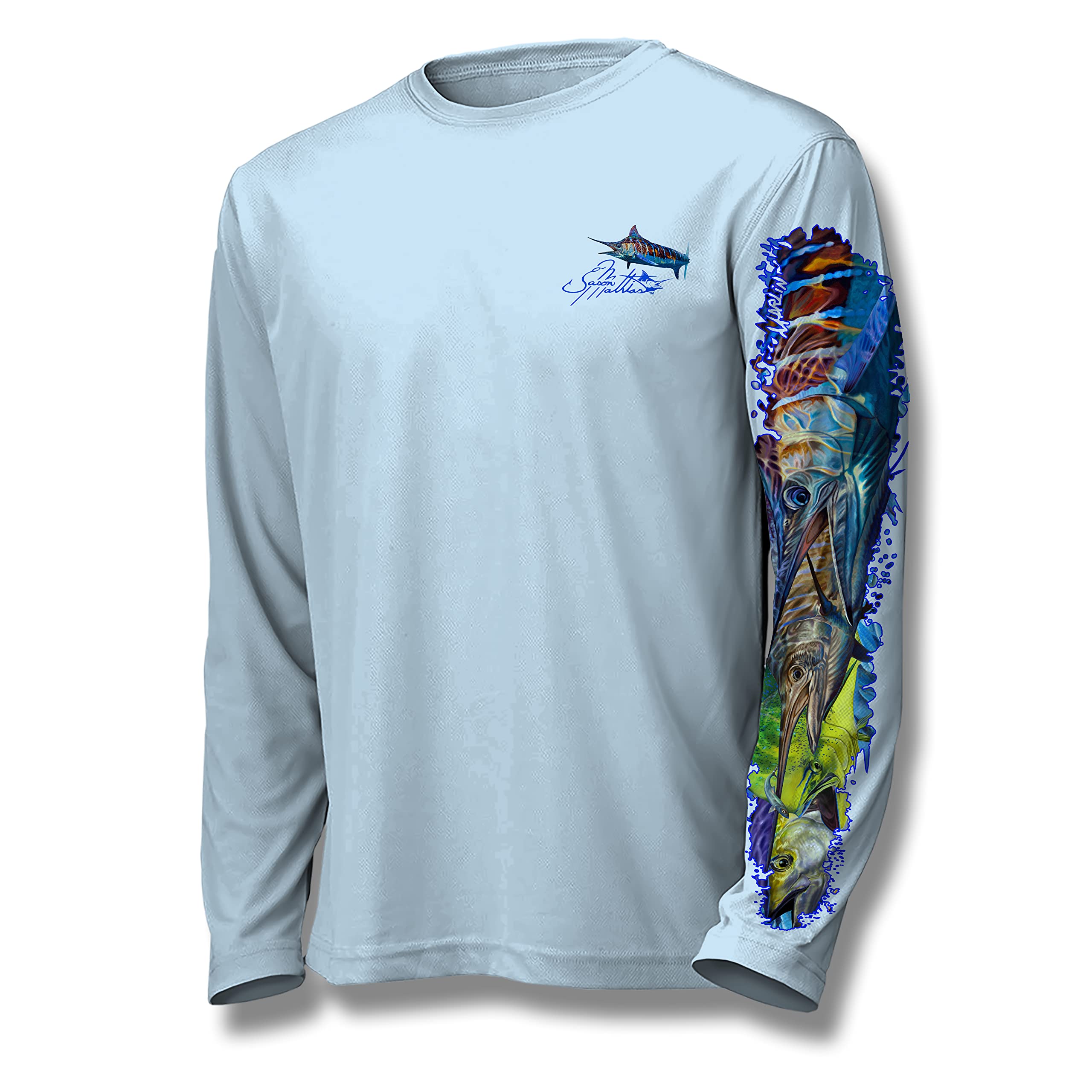 Strike Zone High Performance UPF 50+ Long Sleeve Fishing Shirt by Jason Mathias Art - Pelagic Slam Arctic Blue