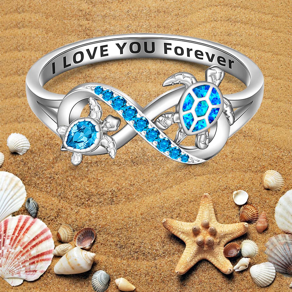 Sea Turtle Ring Blue Opal 925 Turtle Rings for Women Sterling Silver Infinity Cute Ocean Tortoise Jewelry I Love You Forever BFF Mother Day Christmas Gifts Size 6