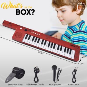 Pyle Digital Musical Keyboard 37 Keys, Electronic Karaoke Keytar with Wired Microphone, 4 Preset Selectable Tones, 4 Audio Rhythms, AUX Input, Rechargeable, Fun for Kids and All Ages