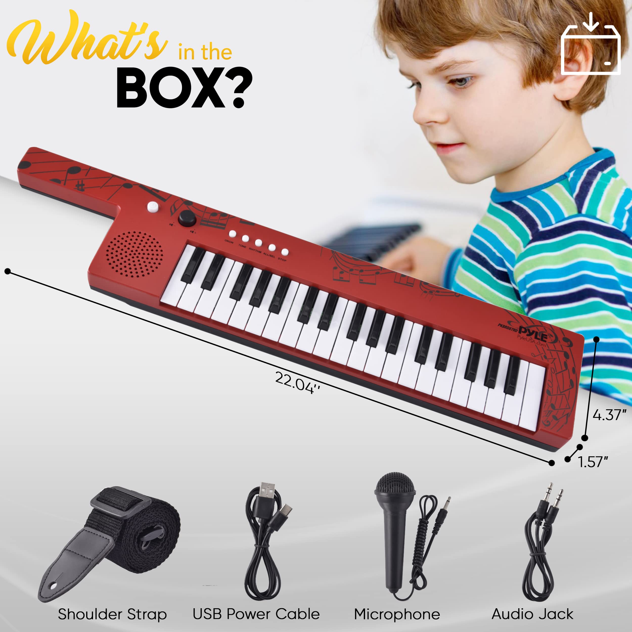 Pyle Digital Musical Keyboard 37 Keys, Electronic Karaoke Keytar with Wired Microphone, 4 Preset Selectable Tones, 4 Audio Rhythms, AUX Input, Rechargeable, Fun for Kids and All Ages