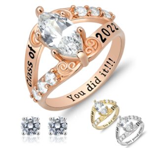 ccjcinata customized birthstone cz rings sterling silver high school class rings for girls college class ring for women graduation gifts (sterling silver - rose gold plated)