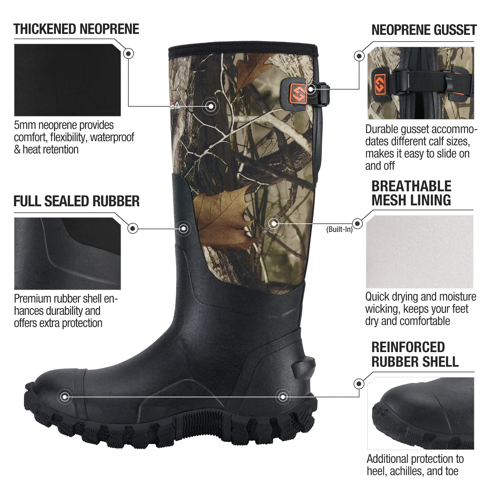 HISEA Upgraded Rain Boots for Men Waterproof Insulated Rubber Boots Outdoor Mud Hunting Boot, Adjustable Calf, Camo, 8