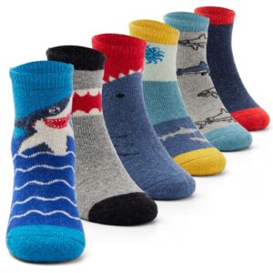 Qterdiz Toddler Boys Wool Socks Kids Thick Winter Warm Socks Thermal Crew Socks for Boys Sharks 6 Pack 4-6 Years