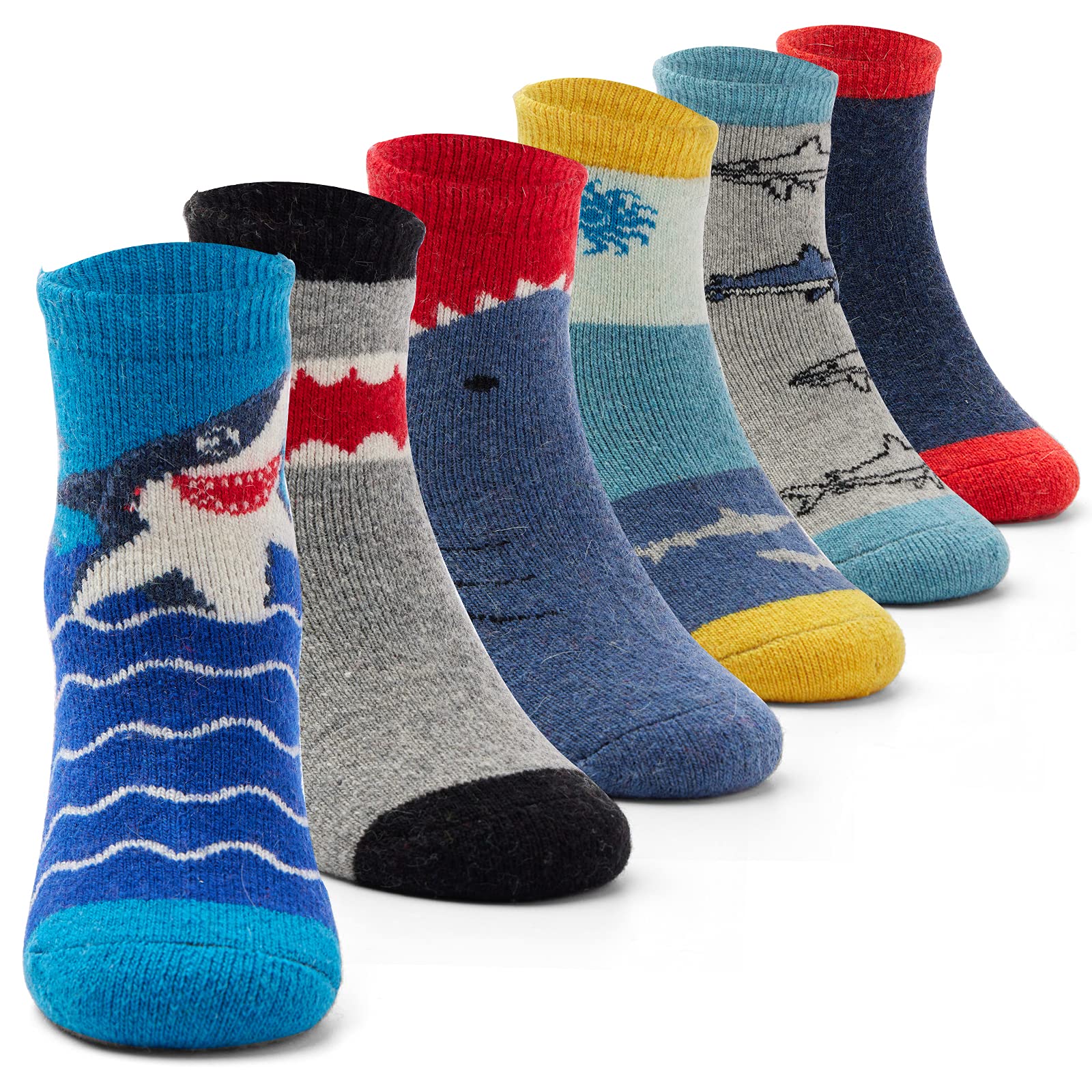 Qterdiz Toddler Boys Wool Socks Kids Thick Winter Warm Socks Thermal Crew Socks for Boys Sharks 6 Pack 4-6 Years