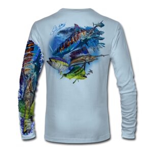 strike zone high performance upf 50+ long sleeve fishing shirt by jason mathias art - pelagic slam arctic blue