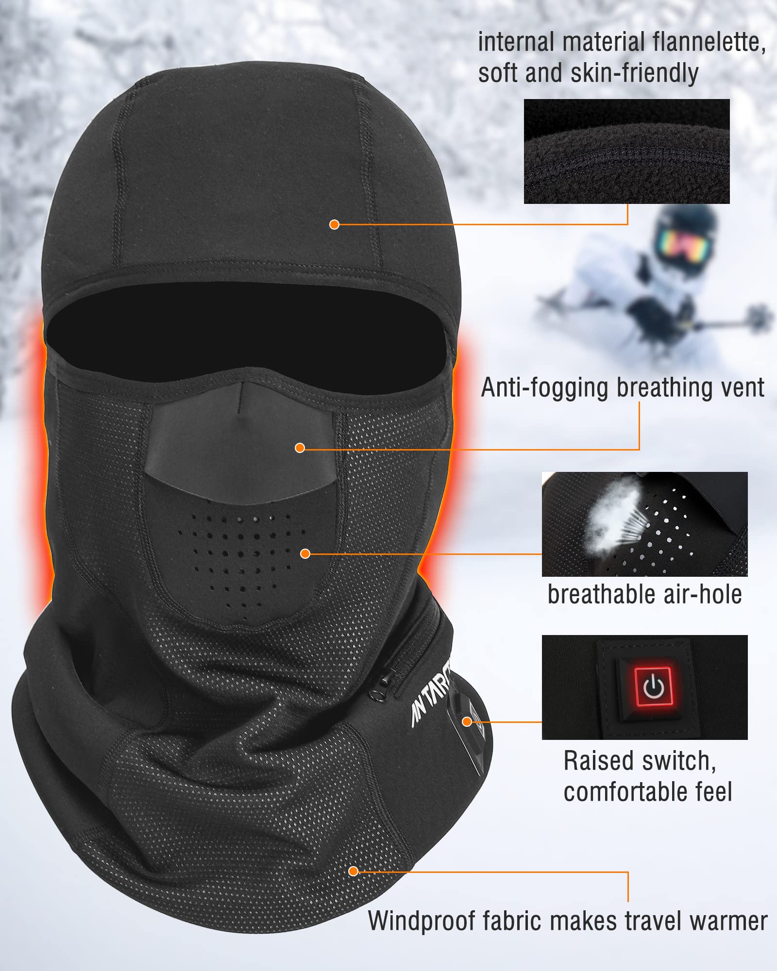 ANTARCTICA GEAR Heated Balaclava Face Ski Mask Windproof Warm Heating Hat for Motorcycle Riding Women Men Black