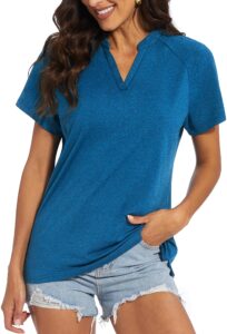 magcomsen women's polo shirts collarless v neck upf 50+ shirts quick dry short sleeve t shirt sun protection blue,l