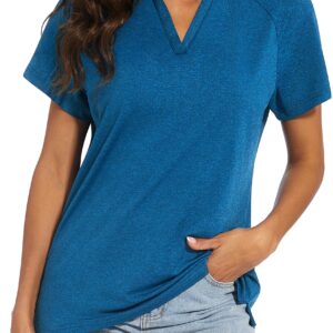 MAGCOMSEN Women's Polo Shirts Collarless V Neck UPF 50+ Shirts Quick Dry Short Sleeve T Shirt Sun Protection Blue,L