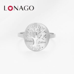 LONAGO Tree of Life Name Ring Personalized, Customize Tree Ring Engrave One Two Three Four Names Ring for Women Men (Silver Color, Sterling Silver)