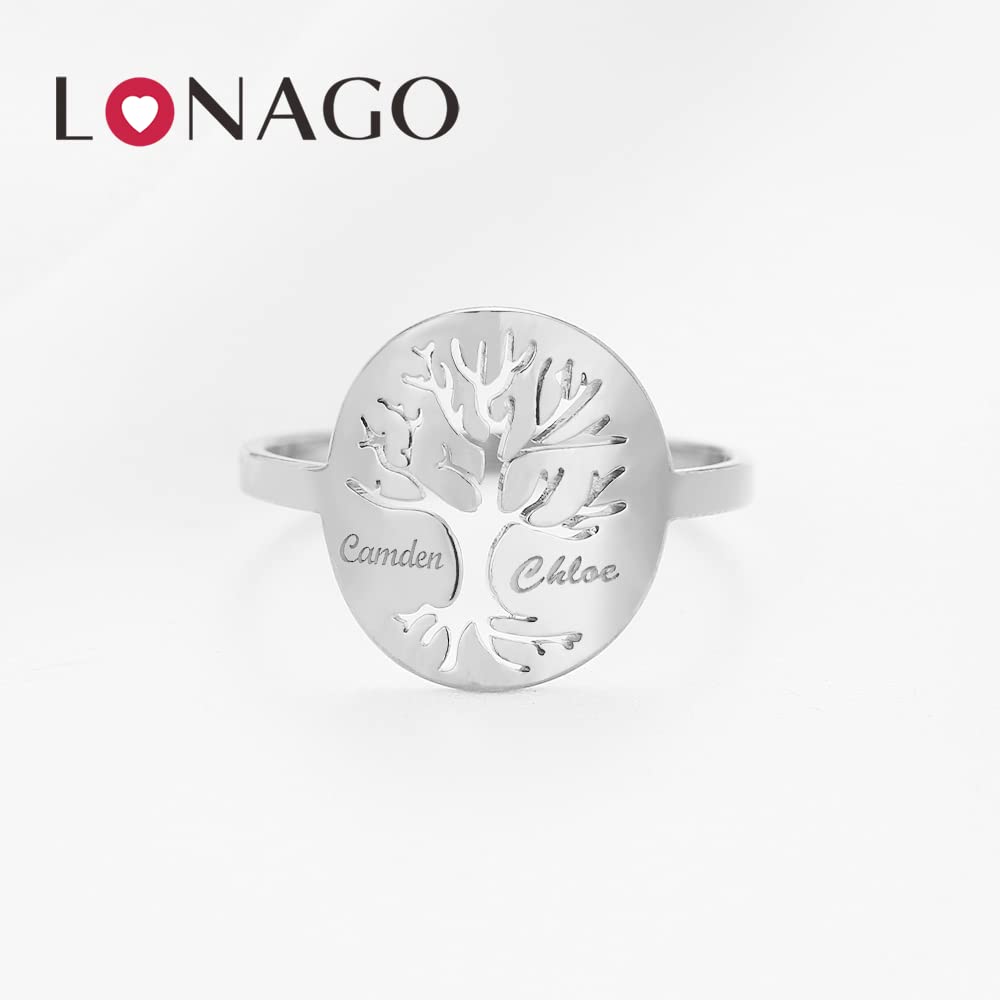 LONAGO Tree of Life Name Ring Personalized, Customize Tree Ring Engrave One Two Three Four Names Ring for Women Men (Silver Color, Sterling Silver)