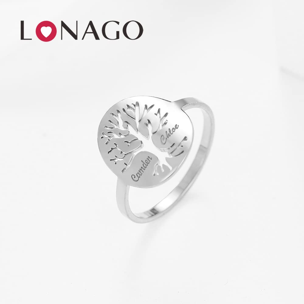 LONAGO Tree of Life Name Ring Personalized, Customize Tree Ring Engrave One Two Three Four Names Ring for Women Men (Silver Color, Sterling Silver)