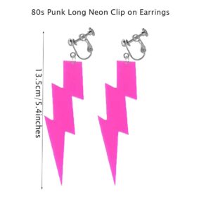 80S Neon Earrings Exaggerate Punk Lightning Bolt Clip on Earrings Halloween 1980s Party Non Pierced Clip Earrings for Women (rose red)