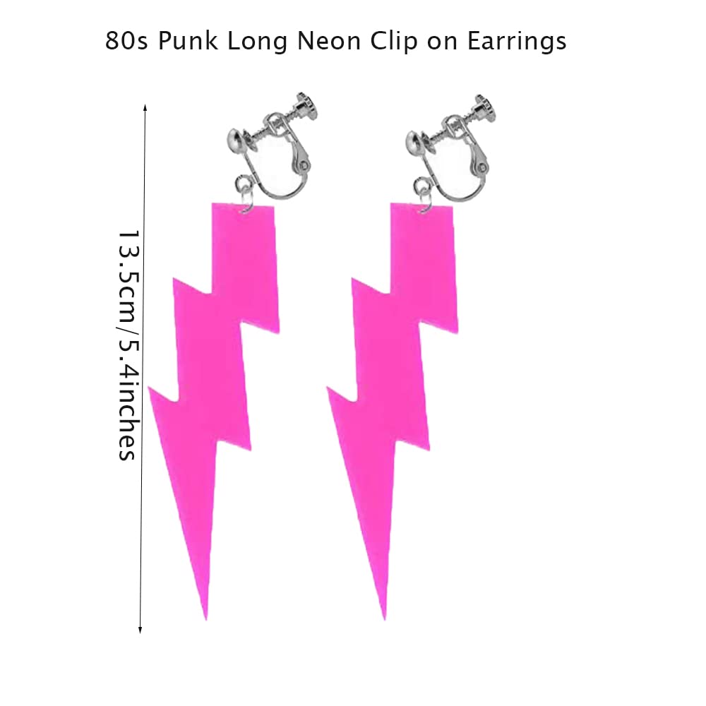 80S Neon Earrings Exaggerate Punk Lightning Bolt Clip on Earrings Halloween 1980s Party Non Pierced Clip Earrings for Women (rose red)