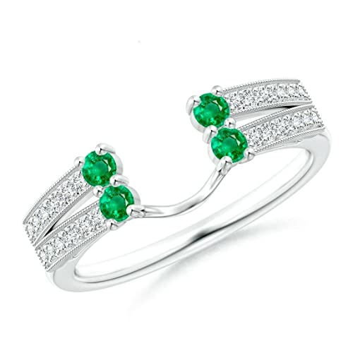 Pritvi Jewels 0.50Ct Round Cut Green Emerald & Diamond in 925 Sterling Silver 14K White Gold Over Diamond Enhancer Engagement Ring Wrap Guard for Women's