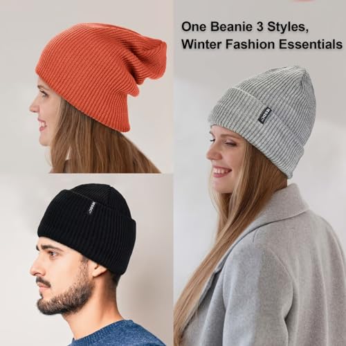 MSDC Beanies Women 3 Pack, Winter Hats for Women Men Fleece Lined Knit Warm Thermal for Cold Weather, Beanie for Women Fashionable Skull Cap(Black+Gray+Dark Orange)