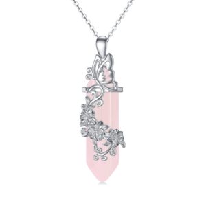 plesitep sterling silver reiki healing crystal natural hexagonal rose quartz flower butterfly tree of life hamsa necklace for women girl (butterfly)