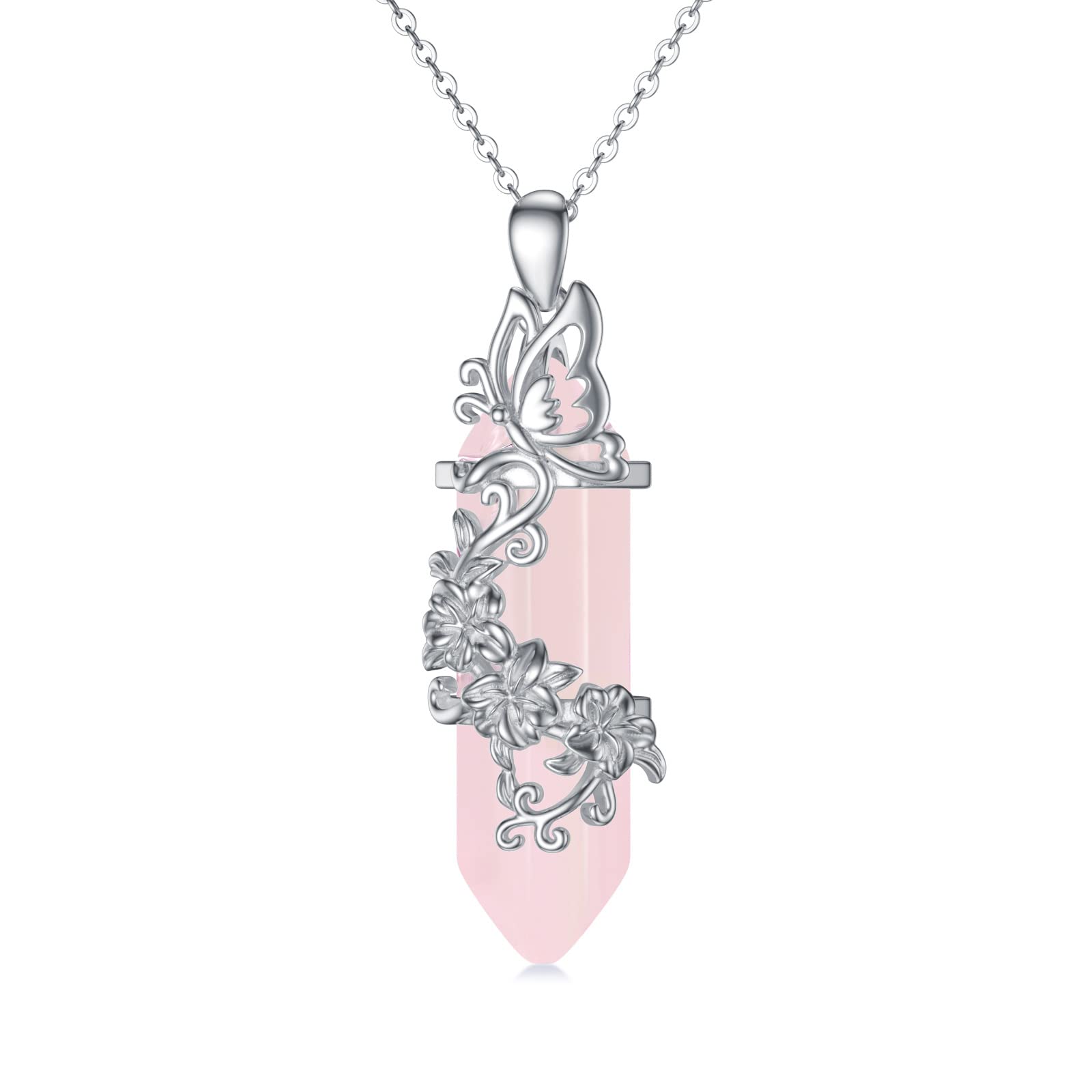 Plesitep Sterling Silver Reiki Healing Crystal Natural Hexagonal Rose Quartz Flower Butterfly Tree of Life Hamsa Necklace for Women Girl (Butterfly)