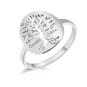 lonago tree of life name ring personalized, customize tree ring engrave one two three four names ring for women men (silver color, sterling silver)