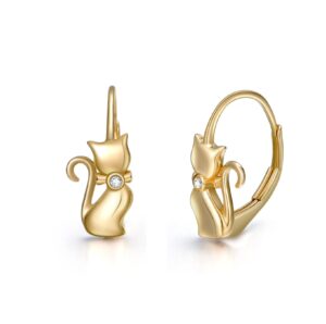 cat earrings 14k yellow gold cute animal cat leverback earrings for women teens girls birthday christmas gifts