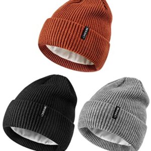 MSDC Beanies Women 3 Pack, Winter Hats for Women Men Fleece Lined Knit Warm Thermal for Cold Weather, Beanie for Women Fashionable Skull Cap(Black+Gray+Dark Orange)