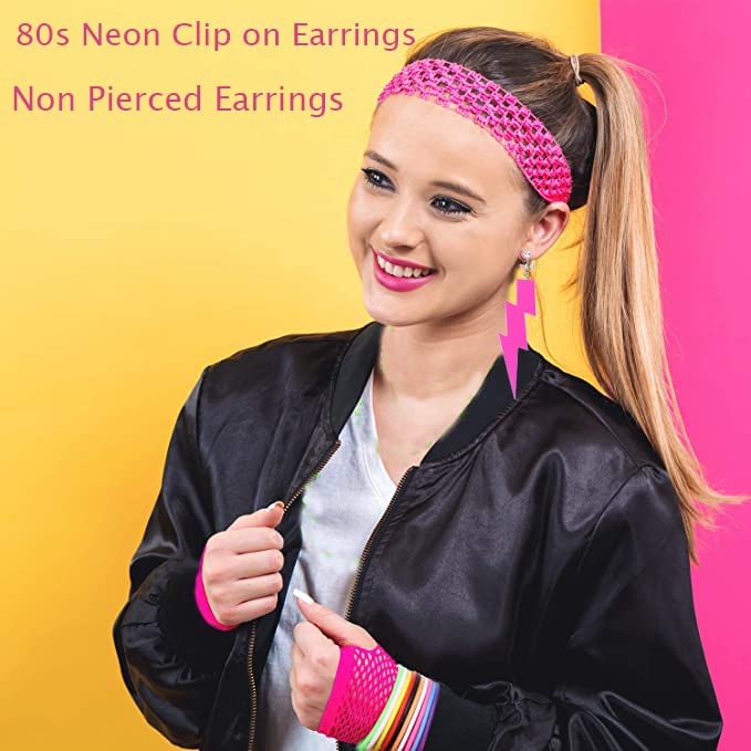 80S Neon Earrings Exaggerate Punk Lightning Bolt Clip on Earrings Halloween 1980s Party Non Pierced Clip Earrings for Women (rose red)