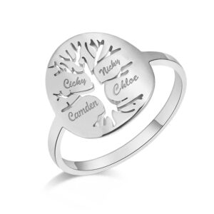 LONAGO Tree of Life Name Ring Personalized, Customize Tree Ring Engrave One Two Three Four Names Ring for Women Men (Silver Color, Sterling Silver)