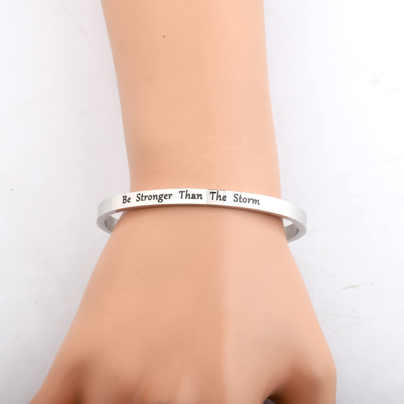 FEELMEM Encouragement Recovery Gifts Be Stronger Than the Storm Cuff Bangle Bracelet Cancer Survivor Awareness Gift Motivational Jewelry (Be Stronger-cuff)