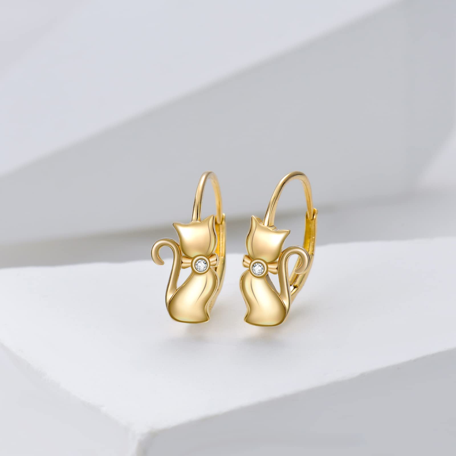 Cat Earrings 14k Yellow Gold Cute Animal Cat Leverback Earrings for Women Teens Girls Birthday Christmas Gifts