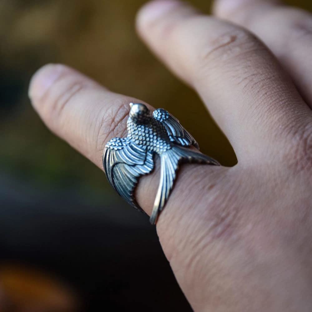 Vintage Flying Swallow Open Rings for Men Boys Women Retro Baroque Sculpture Statement Adjustable Expandable Gothic Finger Ring Sterling Silver Plated Comfort Fit Cute Animals Unisex Party Jewelry