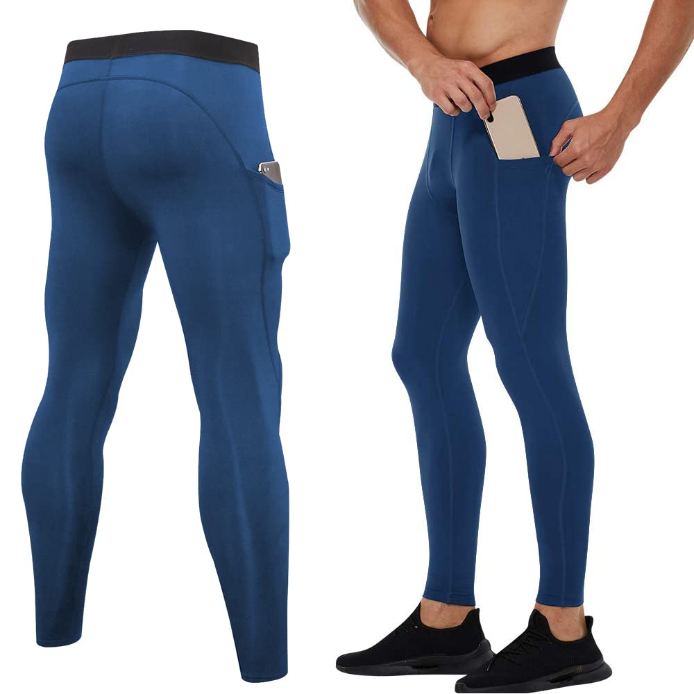 EARGFM Men's Compression Pants Athletic Leggings Workout Running Tights Dry Base Layer with Pockets Active Cycling Pants Blue