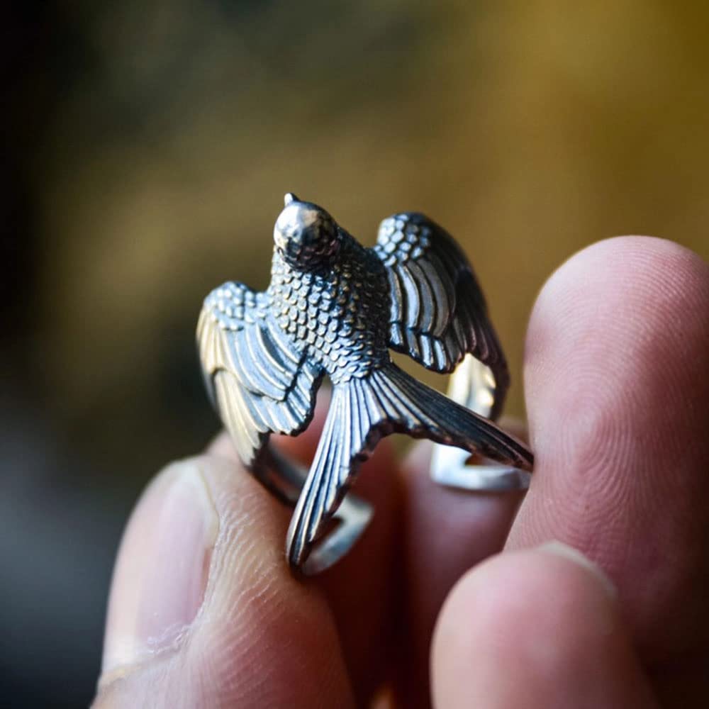 Vintage Flying Swallow Open Rings for Men Boys Women Retro Baroque Sculpture Statement Adjustable Expandable Gothic Finger Ring Sterling Silver Plated Comfort Fit Cute Animals Unisex Party Jewelry