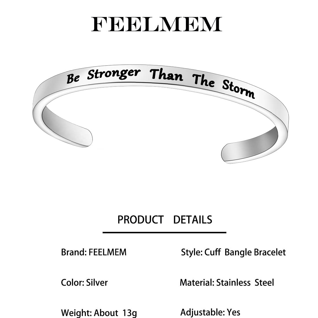 FEELMEM Encouragement Recovery Gifts Be Stronger Than the Storm Cuff Bangle Bracelet Cancer Survivor Awareness Gift Motivational Jewelry (Be Stronger-cuff)