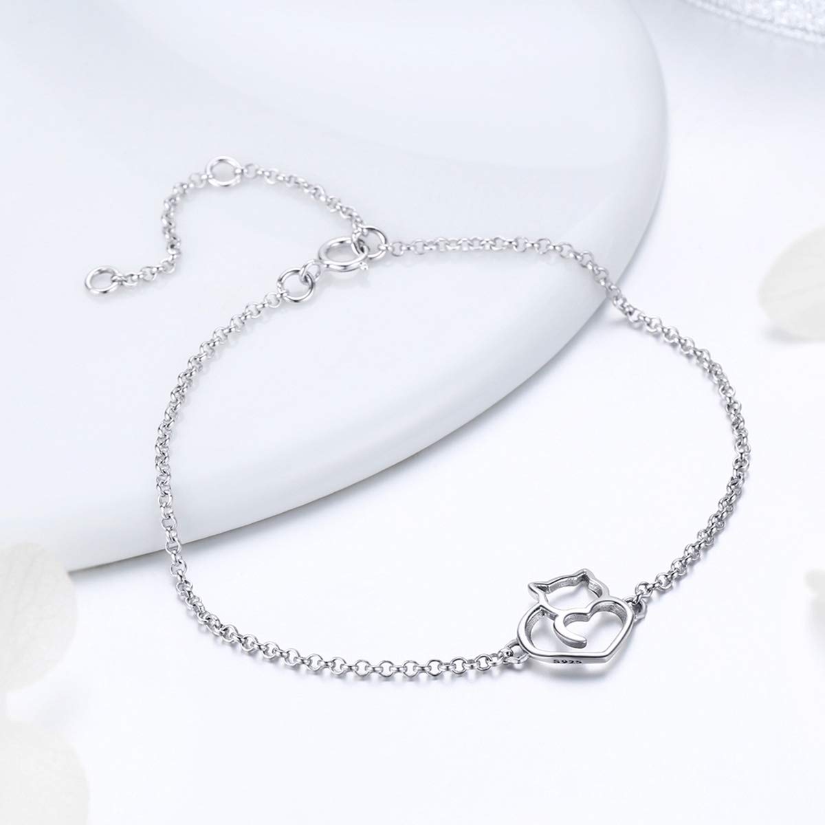 WOSTU Cat Bracelet 925 Sterling Silver Plated Chain Bracelet Cat Lover Adjustable Kitty Bracelets Length 6.5in-7.9in Best Jewelry Gift for Women