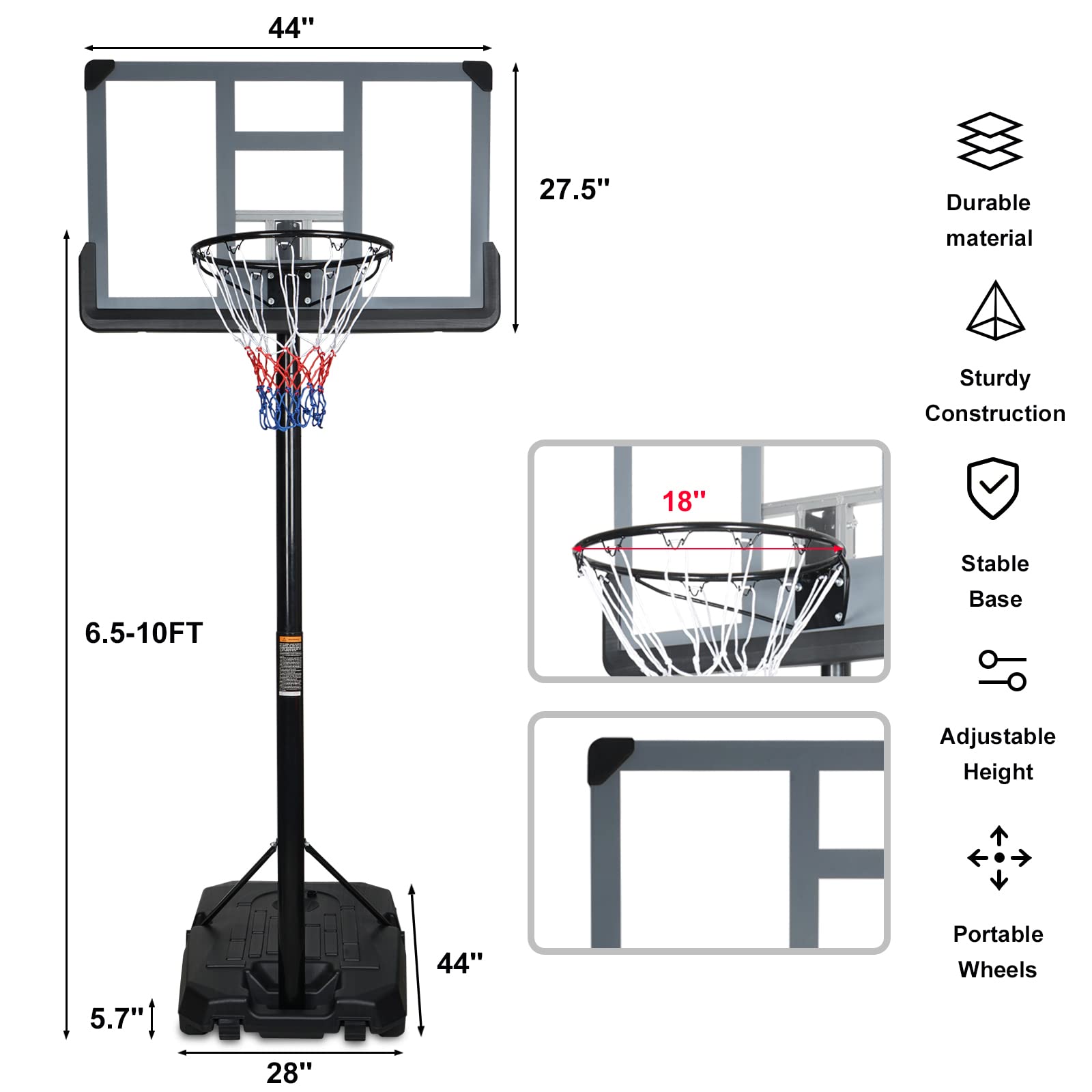 Teenagers Youth Portable Basketball Hoops Height Adjustable 6.5ft -10ft Basketball System 43 Inch Backboard with Wheels for Driveway Indoor Outdoor Use, Grey