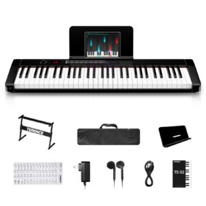 terence keyboard piano with 61 semi-weighted keys lcd display & 1800mah battery support midi usb interface & piano application with bluetooth sheet music stand sticker bag audio cable earphones