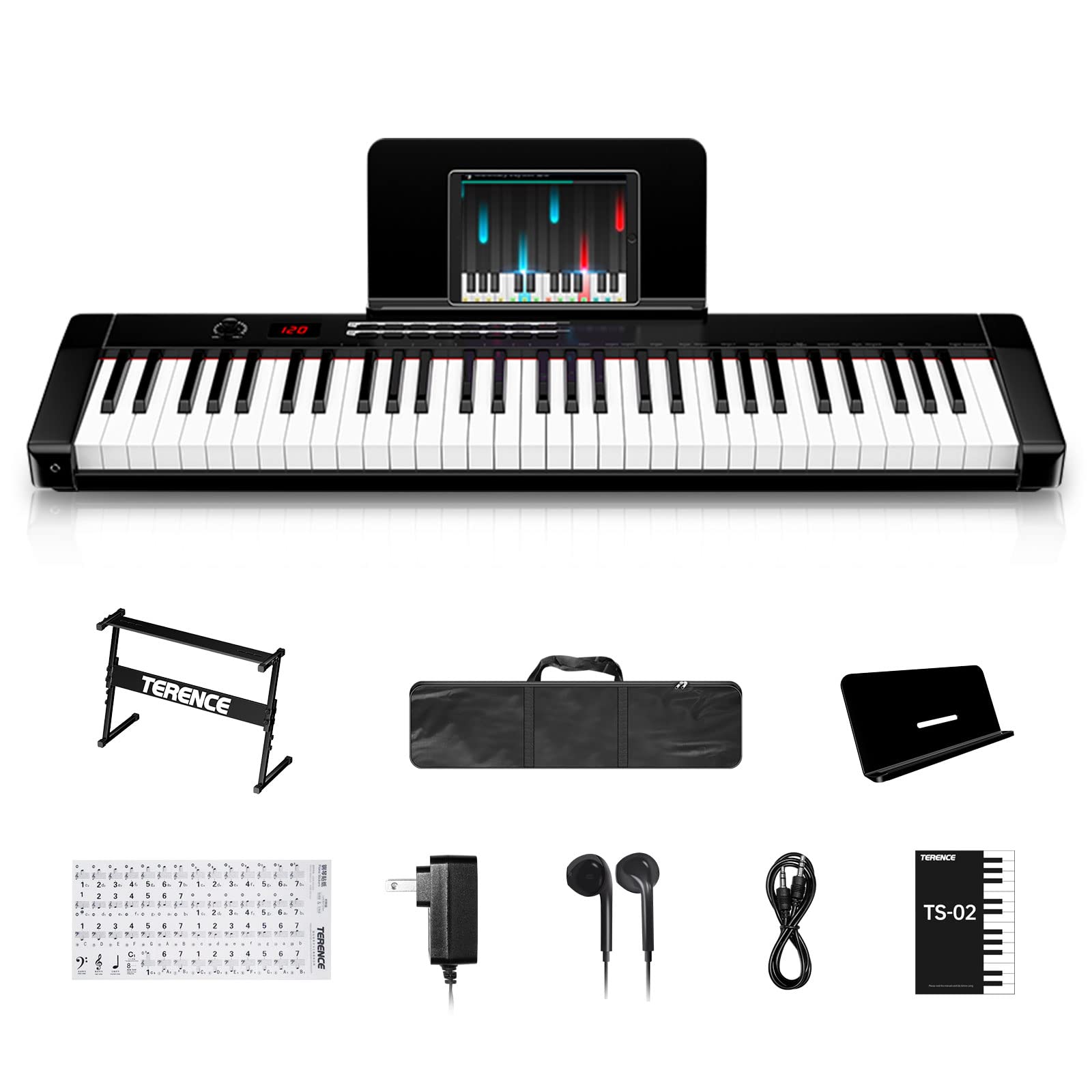 TERENCE Keyboard Piano with 61 Semi-weighted Keys LCD Display & 1800mAh Battery Support MIDI USB Interface & Piano Application with Bluetooth Sheet Music Stand Sticker Bag Audio Cable Earphones