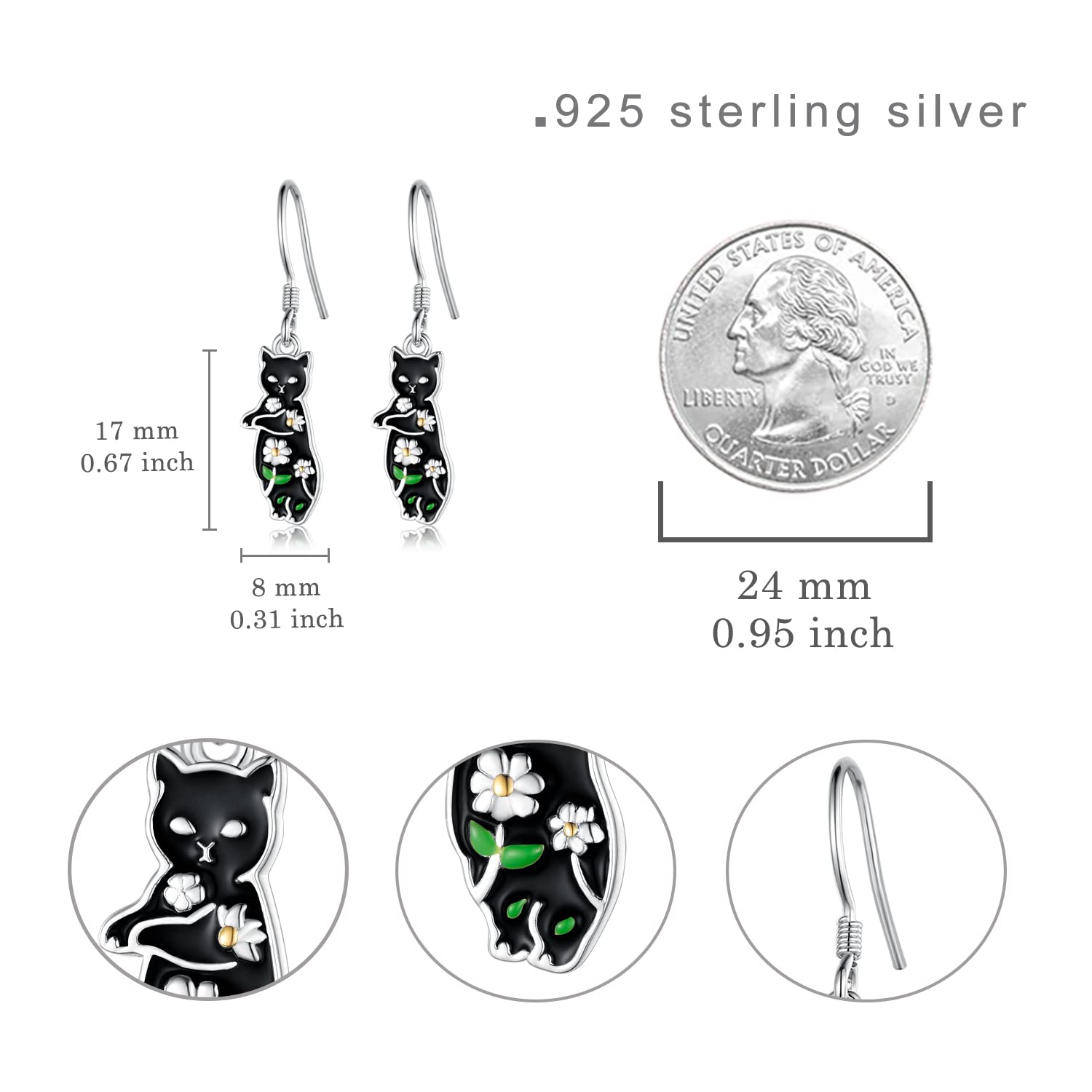 SVODEA Cute Black Cat Earrings for Women 925 Sterling Silver Flower Cat Dangle Earrings Cute Animal Cats Drop Earrings Jewelry for Women