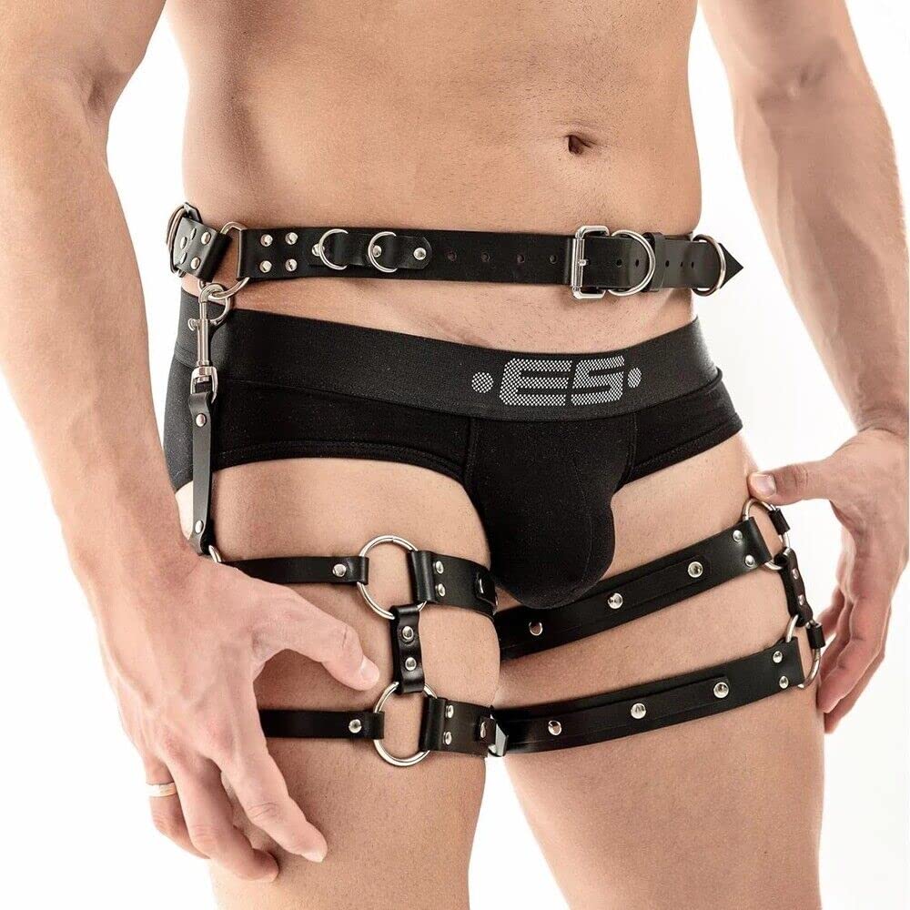 Men leather body belts Punk Adjustable Faux Leather Body Chest Belt Clubwear with Fancy Buckles Rings for Gay