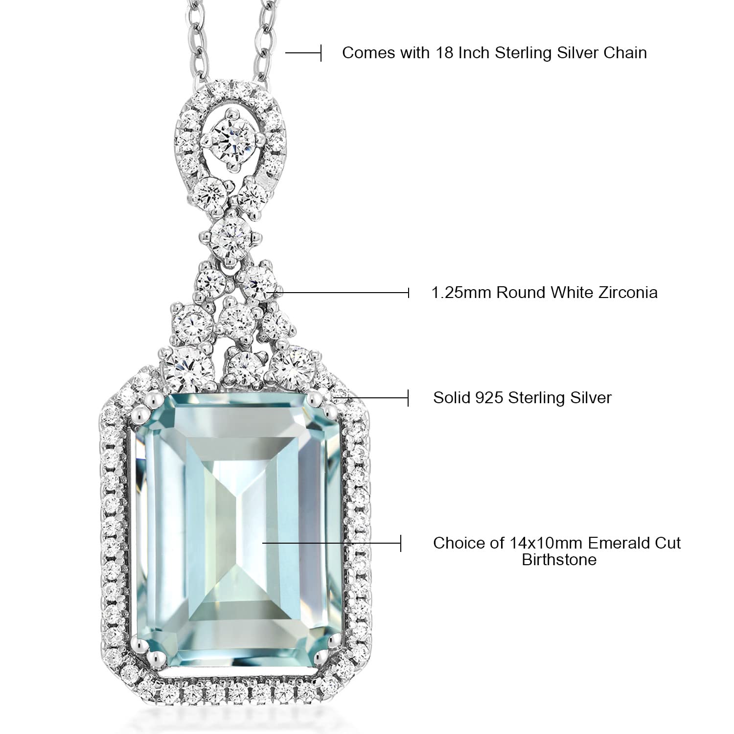 Gem Stone King 925 Sterling Silver Customized and Personalized 14X10MM Emerald Cut Gemstone Birthstone Pendant Necklace For Women with 18 Inch Silver Chain