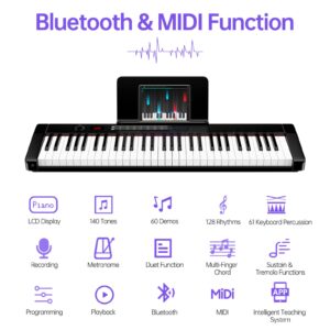 TERENCE Keyboard Piano with 61 Semi-weighted Keys LCD Display & 1800mAh Battery Support MIDI USB Interface & Piano Application with Bluetooth Sheet Music Stand Sticker Bag Audio Cable Earphones