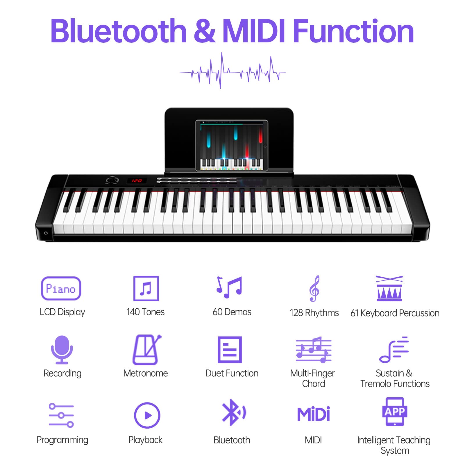 TERENCE Keyboard Piano with 61 Semi-weighted Keys LCD Display & 1800mAh Battery Support MIDI USB Interface & Piano Application with Bluetooth Sheet Music Stand Sticker Bag Audio Cable Earphones