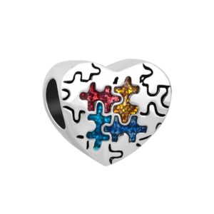 MiiFort Women Autism Awareness Puzzle Love Heart Charm Compatible with Pandora Bracelets Necklaces Pendants Hope Power Support