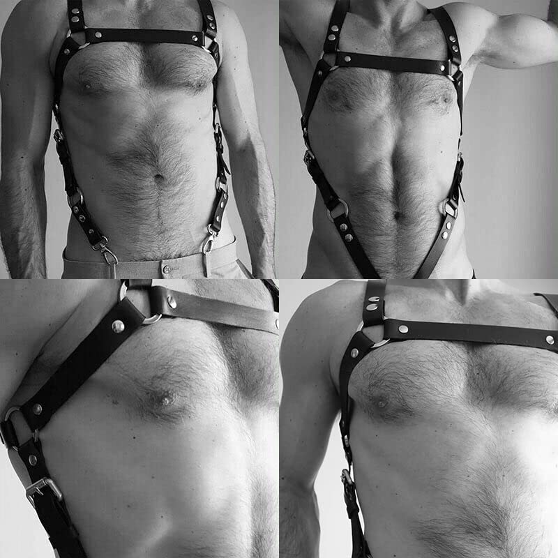 ALRICOL Men leather body belts Punk Adjustable Faux Leather Body Chest Belt Clubwear with Fancy Buckles Rings for Gay