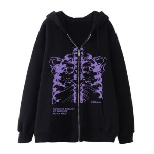 aobiono men women y2k skeleton zip up hoodie emo gothic oversized grunge alt jacket vintage graphic baggy dark academia punk (black-1,xxl,xx-large)