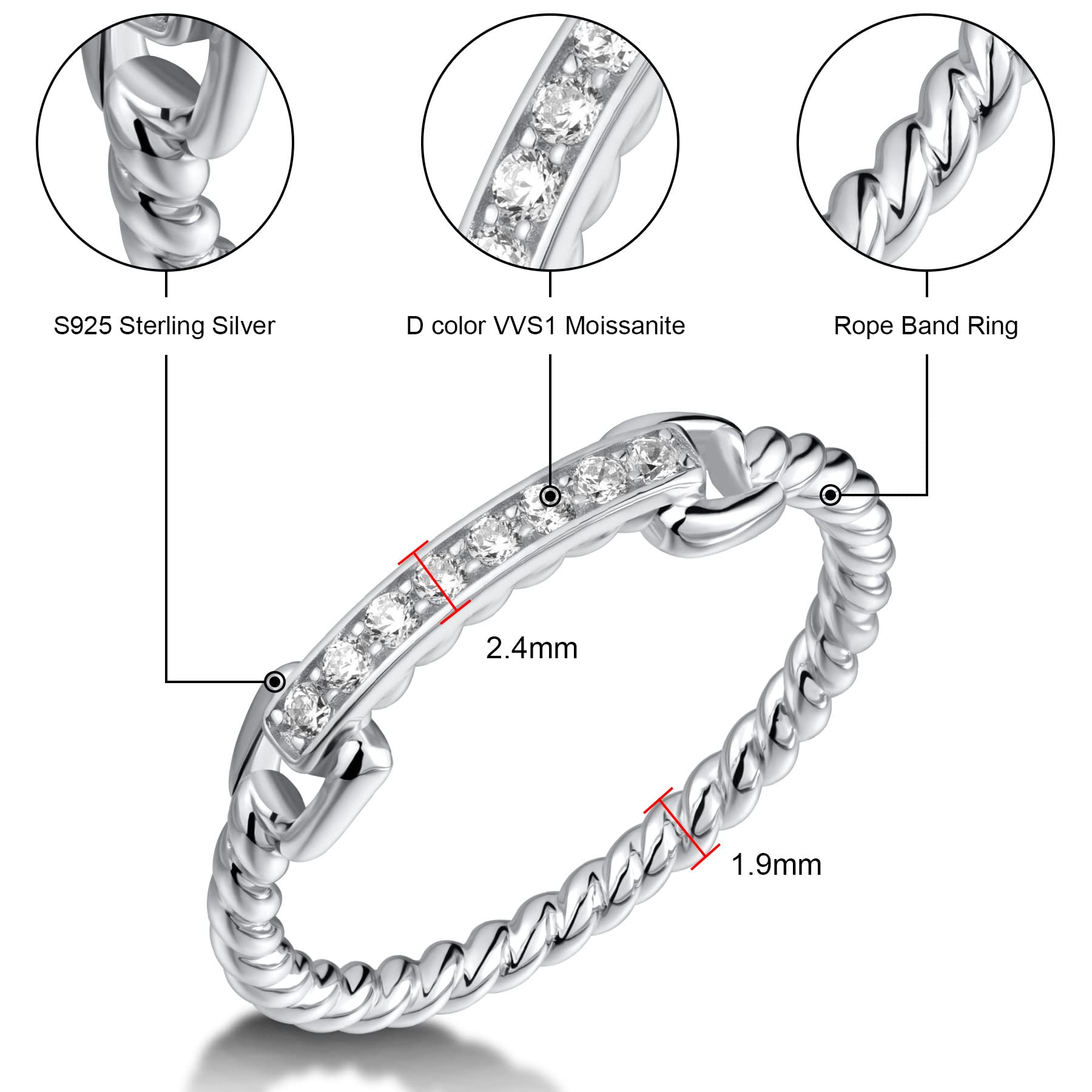 Hitlinker Moissanite Wedding Band for Women, Sterling Silver Eternity Stackable Chain Link Couple Rings Channel Set Rope Lab Created Diamond S925 Rings for Women Men Size 9