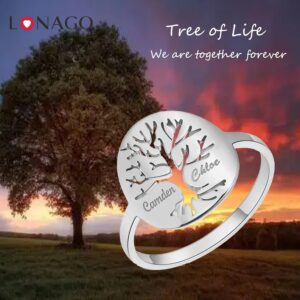 LONAGO Tree of Life Name Ring Personalized, Customize Tree Ring Engrave One Two Three Four Names Ring for Women Men (Silver Color, Sterling Silver)