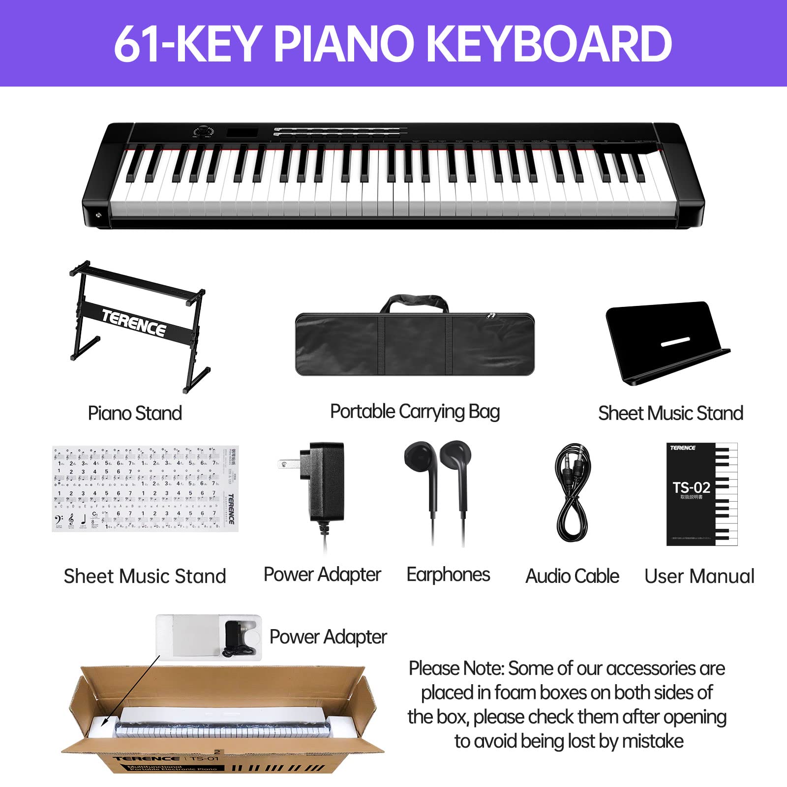 TERENCE Keyboard Piano with 61 Semi-weighted Keys LCD Display & 1800mAh Battery Support MIDI USB Interface & Piano Application with Bluetooth Sheet Music Stand Sticker Bag Audio Cable Earphones