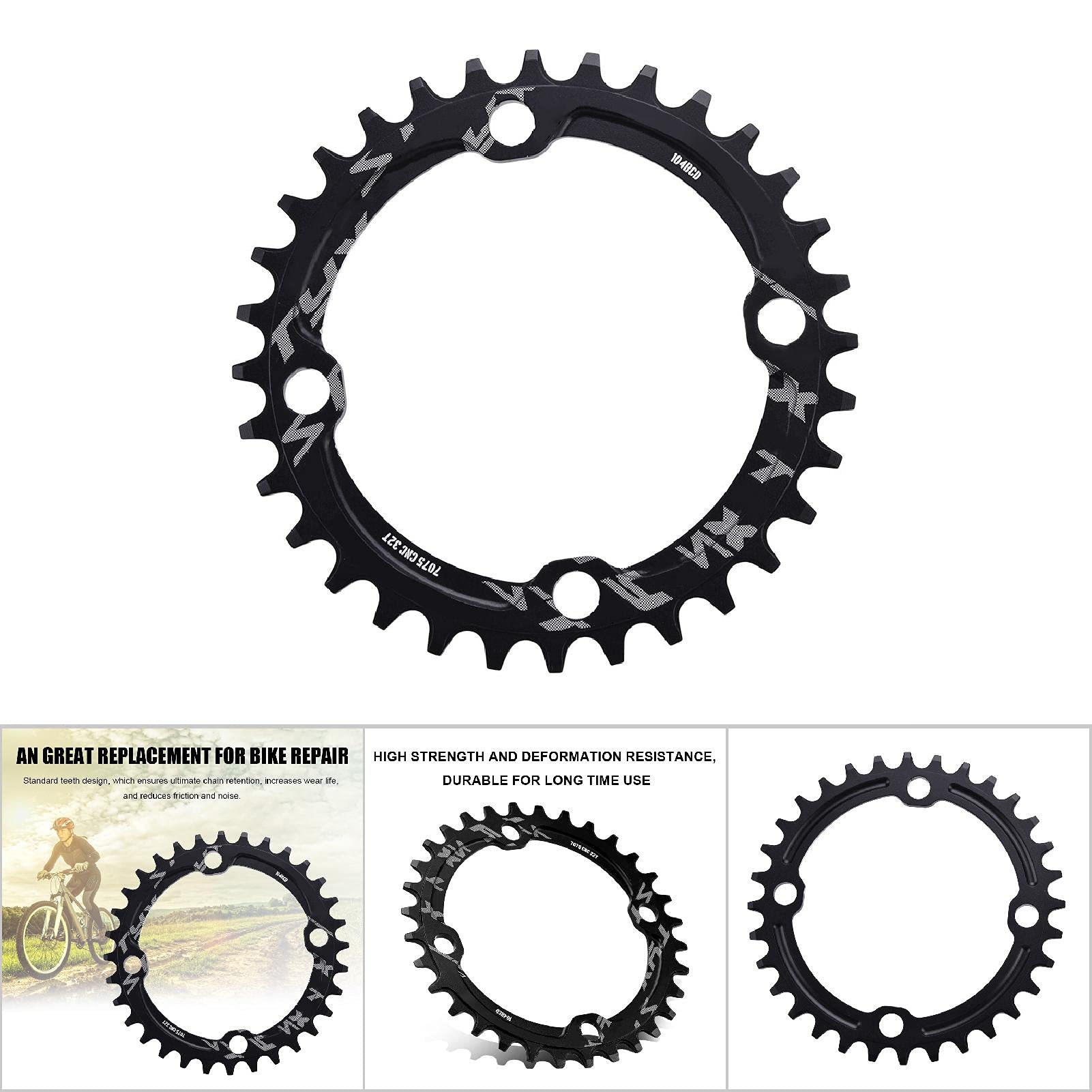 HERCHR 104 BCD Chainring, Aluminum Alloy Round Single Bike Chainring for Mountain Bike Road Bike(32T-Black)